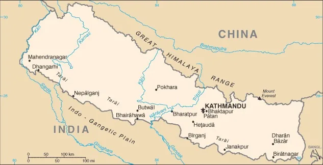 CIA World Factbook map of Nepal, showing major cities, rivers and neighbouring countries