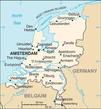 CIA World Factbook map of Netherlands, showing major cities, rivers and neighbouring countries