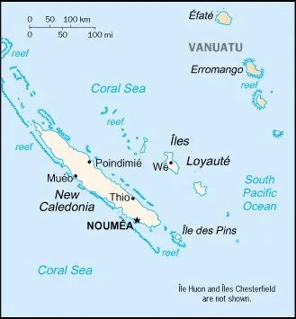 CIA World Factbook map of New Caledonia, showing major cities, rivers and neighbouring countries