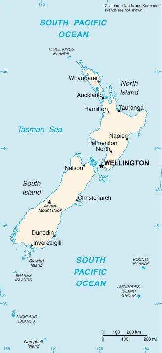 CIA World Factbook map of New Zealand, showing major cities, rivers and neighbouring countries