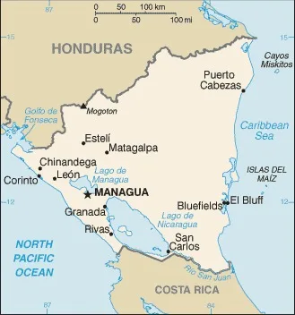 CIA World Factbook map of Nicaragua, showing major cities, rivers and neighbouring countries