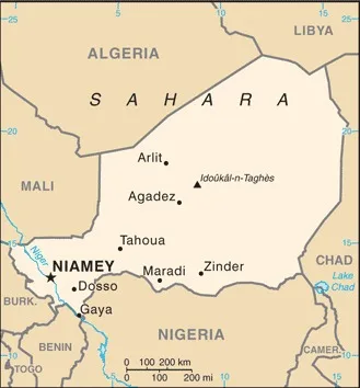 CIA World Factbook map of Niger, showing major cities, rivers and neighbouring countries