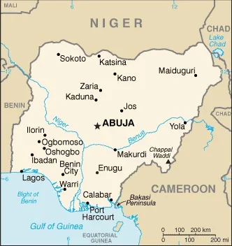 CIA World Factbook map of Nigeria, showing major cities, rivers and neighbouring countries