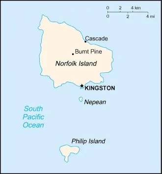 CIA World Factbook map of Norfolk Island, showing major cities, rivers and neighbouring countries