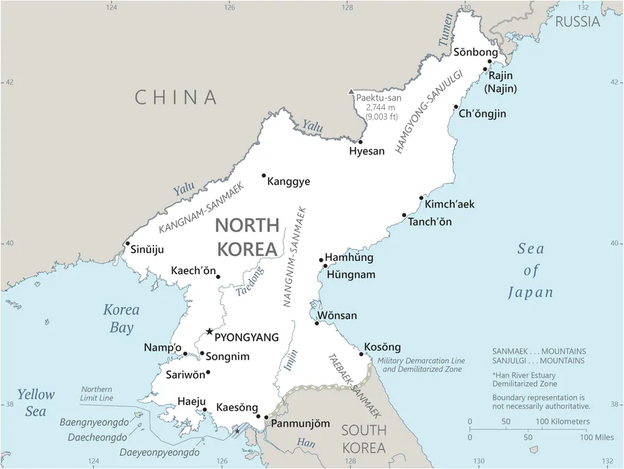 CIA World Factbook map of North Korea, showing major cities, rivers and neighbouring countries
