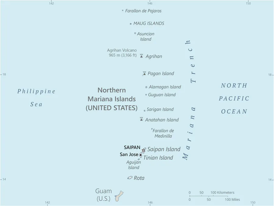 CIA World Factbook map of Northern Mariana Islands, showing major cities, rivers and neighbouring countries