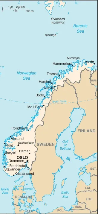CIA World Factbook map of Norway, showing major cities, rivers and neighbouring countries