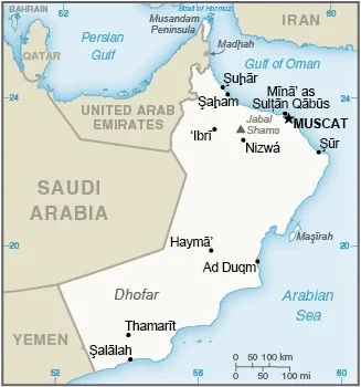 CIA World Factbook map of Oman, showing major cities, rivers and neighbouring countries