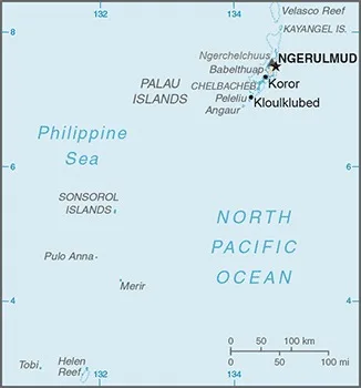 CIA World Factbook map of Palau, showing major cities, rivers and neighbouring countries