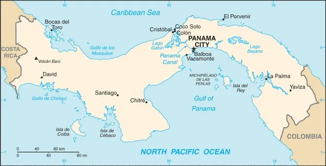 CIA World Factbook map of Panama, showing major cities, rivers and neighbouring countries