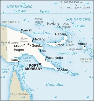 CIA World Factbook map of Papua New Guinea, showing major cities, rivers and neighbouring countries