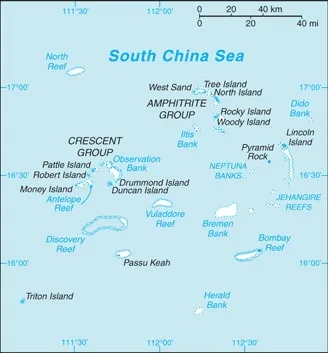 CIA World Factbook map of Paracel Islands, showing major cities, rivers and neighbouring countries