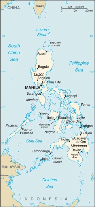 CIA World Factbook map of Philippines, showing major cities, rivers and neighbouring countries