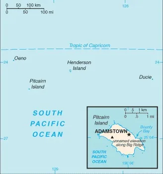 CIA World Factbook map of Pitcairn Islands, showing major cities, rivers and neighbouring countries