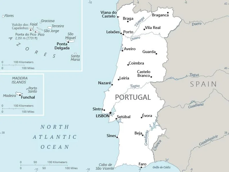 CIA World Factbook map of Portugal, showing major cities, rivers and neighbouring countries