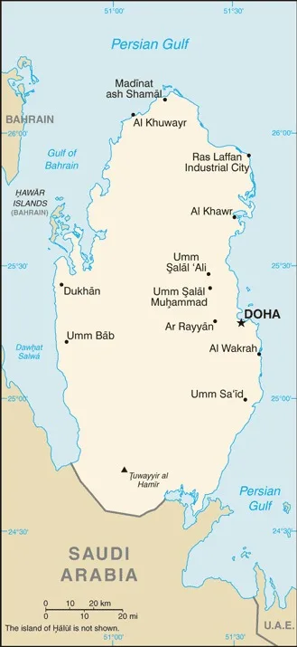 CIA World Factbook map of Qatar, showing major cities, rivers and neighbouring countries