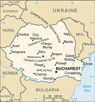CIA World Factbook map of Romania, showing major cities, rivers and neighbouring countries