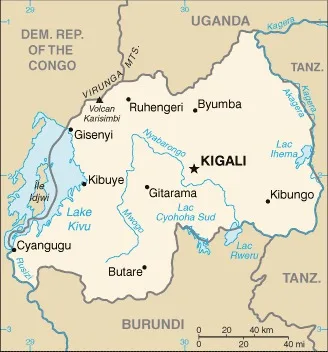 CIA World Factbook map of Rwanda, showing major cities, rivers and neighbouring countries