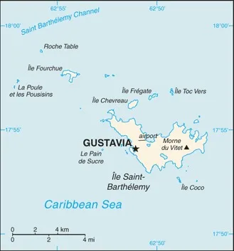 CIA World Factbook map of Saint Barthélemy, showing major cities, rivers and neighbouring countries