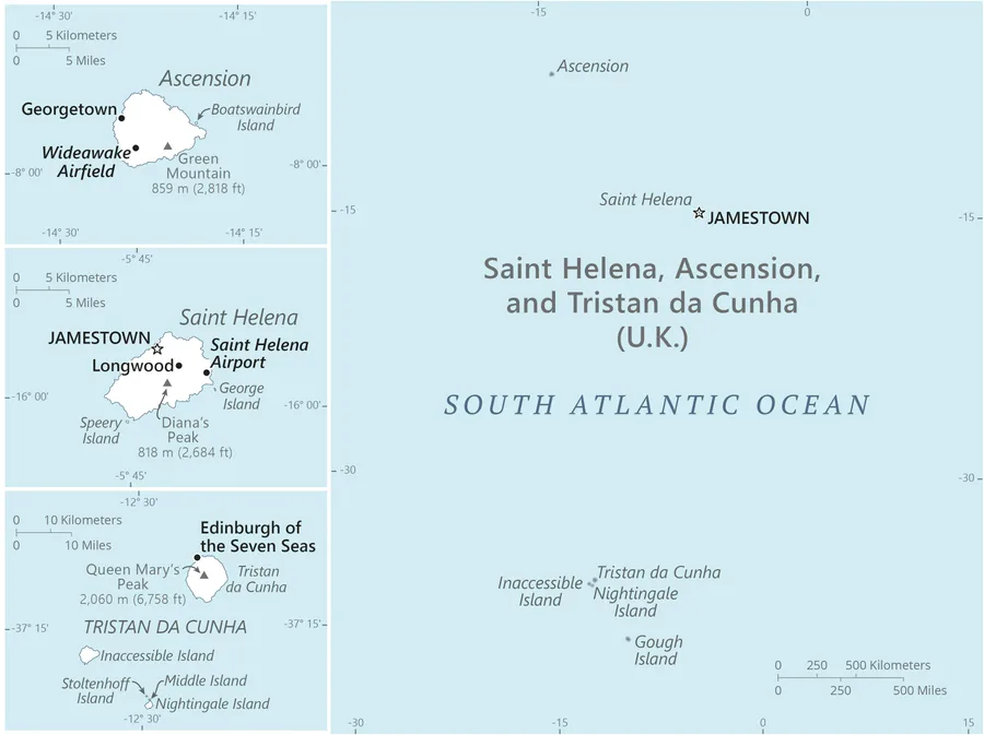 CIA World Factbook map of Saint Helena, Ascension and Tristan da Cunha, showing major cities, rivers and neighbouring countries