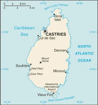 CIA World Factbook map of Saint Lucia, showing major cities, rivers and neighbouring countries