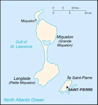 CIA World Factbook map of Saint Pierre and Miquelon, showing major cities, rivers and neighbouring countries