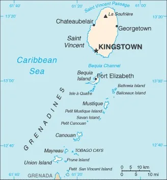 CIA World Factbook map of Saint Vincent and the Grenadines, showing major cities, rivers and neighbouring countries