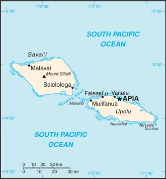 CIA World Factbook map of Samoa, showing major cities, rivers and neighbouring countries