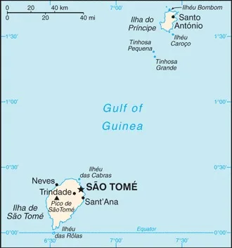 CIA World Factbook map of São Tomé and Príncipe, showing major cities, rivers and neighbouring countries