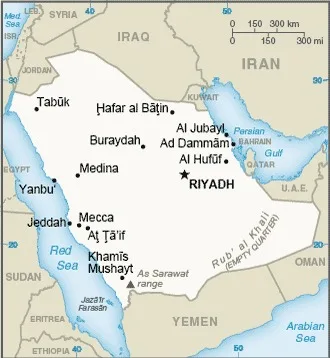 CIA World Factbook map of Saudi Arabia, showing major cities, rivers and neighbouring countries