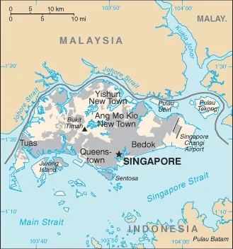 CIA World Factbook map of Singapore, showing major cities, rivers and neighbouring countries