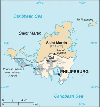 CIA World Factbook map of Sint Maarten, showing major cities, rivers and neighbouring countries