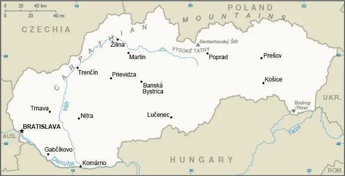 CIA World Factbook map of Slovakia, showing major cities, rivers and neighbouring countries