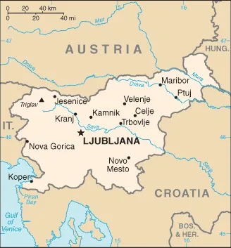 CIA World Factbook map of Slovenia, showing major cities, rivers and neighbouring countries