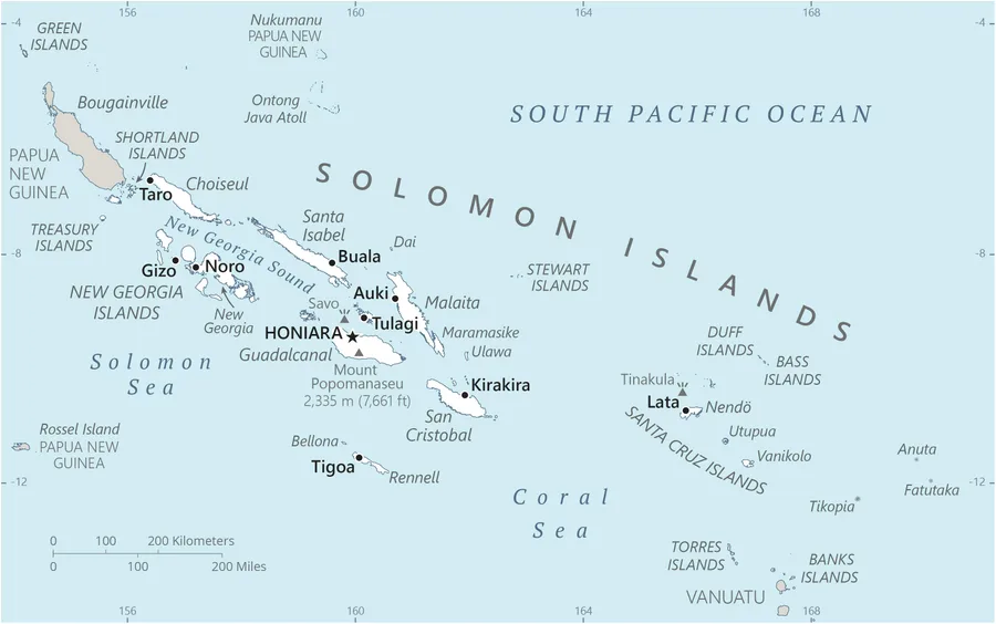 CIA World Factbook map of Solomon Islands, showing major cities, rivers and neighbouring countries