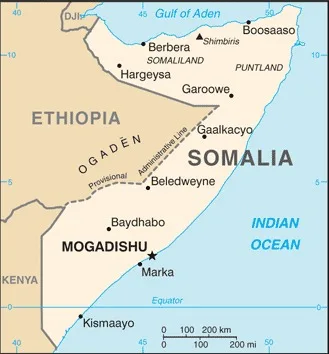 CIA World Factbook map of Somalia, showing major cities, rivers and neighbouring countries