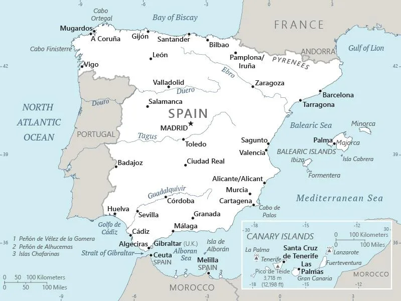 CIA World Factbook map of Spain, showing major cities, rivers and neighbouring countries