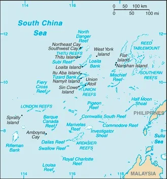 CIA World Factbook map of Spratly Islands, showing major cities, rivers and neighbouring countries