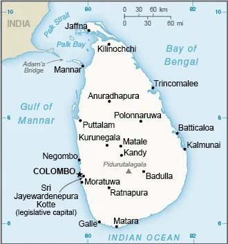 CIA World Factbook map of Sri Lanka, showing major cities, rivers and neighbouring countries