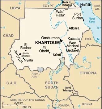 CIA World Factbook map of Sudan, showing major cities, rivers and neighbouring countries