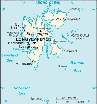 CIA World Factbook map of Svalbard, showing major cities, rivers and neighbouring countries