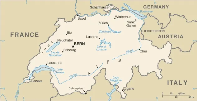 CIA World Factbook map of Switzerland, showing major cities, rivers and neighbouring countries