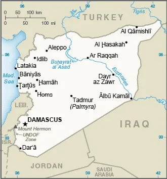 CIA World Factbook map of Syria, showing major cities, rivers and neighbouring countries