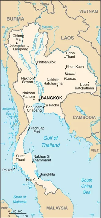 CIA World Factbook map of Thailand, showing major cities, rivers and neighbouring countries