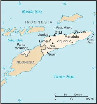 CIA World Factbook map of Timor-Leste, showing major cities, rivers and neighbouring countries