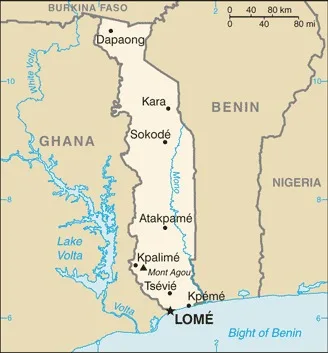 CIA World Factbook map of Togo, showing major cities, rivers and neighbouring countries