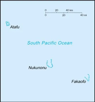 CIA World Factbook map of Tokelau, showing major cities, rivers and neighbouring countries