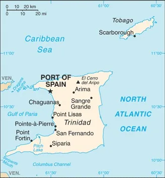 CIA World Factbook map of Trinidad and Tobago, showing major cities, rivers and neighbouring countries