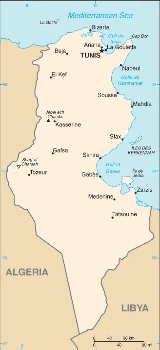 CIA World Factbook map of Tunisia, showing major cities, rivers and neighbouring countries