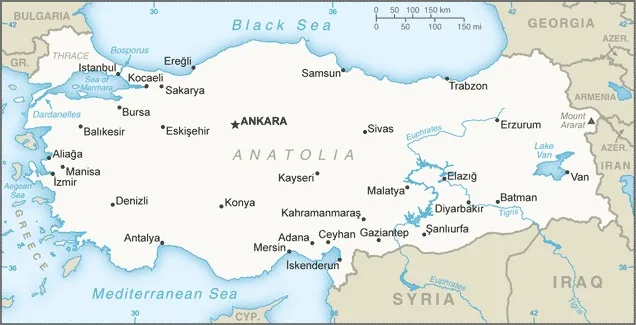 CIA World Factbook map of Turkey (Türkiye), showing major cities, rivers and neighbouring countries
